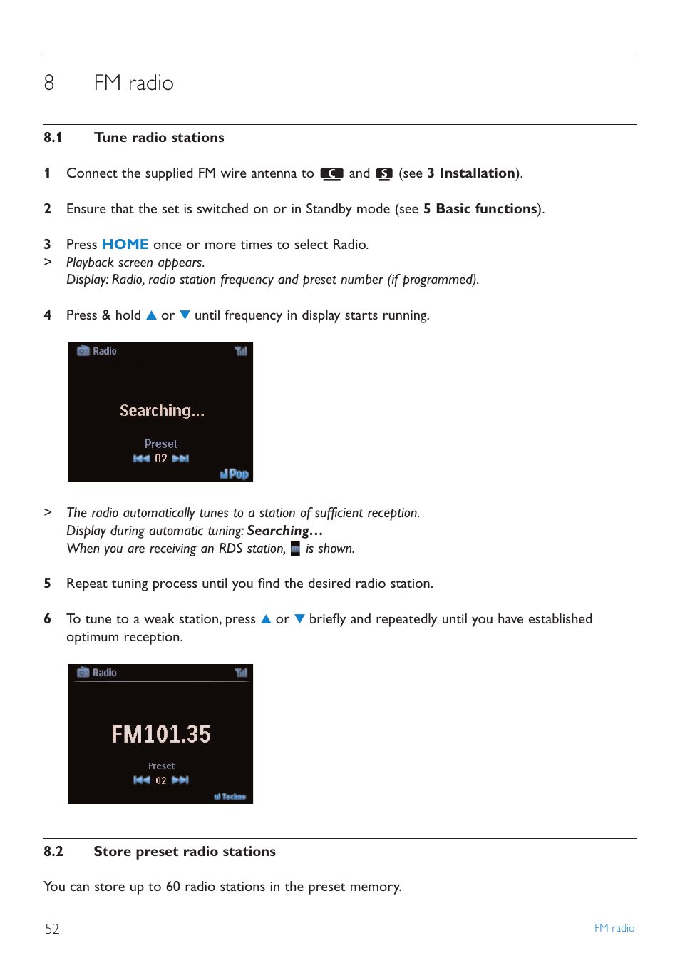 8 fm radio, 1 tune radio stations, 2 store preset radio stations | Fm radio, Tune radio stations, Store preset radio stations, 8fm radio | Philips WAS7500 User Manual | Page 56 / 121