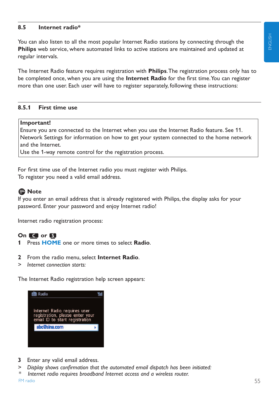 5 internet radio, 1 first time use, Internet radio | First time use | Philips WAS7500 User Manual | Page 59 / 121