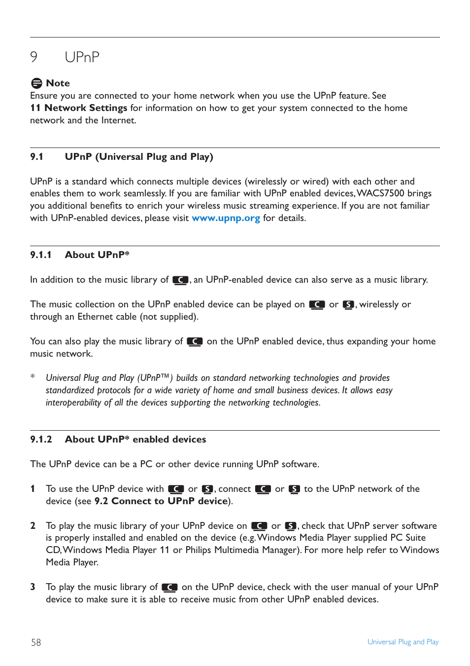 9 upnp, 1 upnp (universal plug and, 1 about upnp | 2 about upnp* enabled de, Upnp, Upnp (universal plug and play), About upnp, About upnp* enabled devices, 9upnp | Philips WAS7500 User Manual | Page 62 / 121