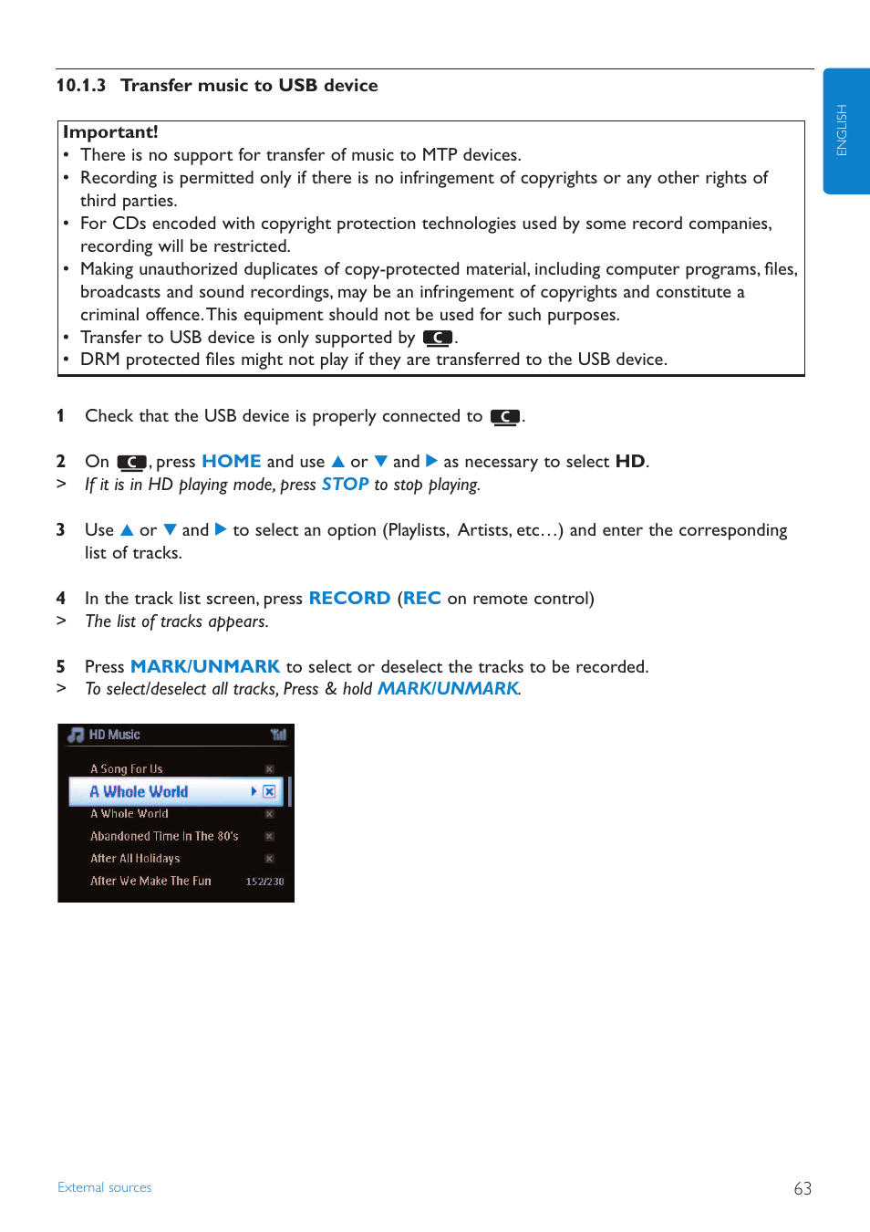 3 transfer music to usb, 3 transfer music to usb device | Philips WAS7500 User Manual | Page 67 / 121