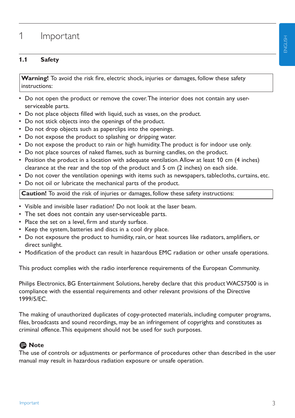 1 important, 1 safety, Important | Safety, 1important | Philips WAS7500 User Manual | Page 7 / 121