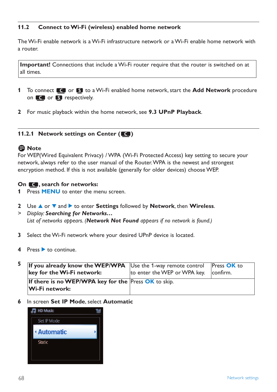 2 connect to wi-fi (wirel, 1 network settings on c, Connect to wi-fi (wireless) enabled home network | 1 network settings on center | Philips WAS7500 User Manual | Page 72 / 121