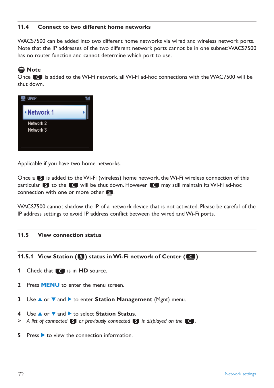 4 connect to two differen, 5 view connection status, 1 view station status i | Connect to two different home networks, View connection status, 1 view station status in wi-fi network of, Center | Philips WAS7500 User Manual | Page 76 / 121