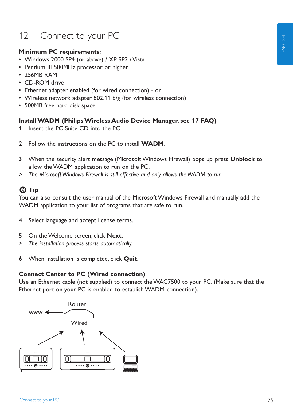 12 connect to your pc, Connect to your pc, See the section 12 connect to | Your pc in this man | Philips WAS7500 User Manual | Page 79 / 121