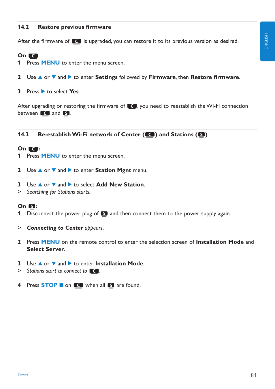 2 restore previous firmware, 3 re-establish wi-fi netw, Restore previous firmware | Re-establish wi-fi network of center and stations | Philips WAS7500 User Manual | Page 85 / 121