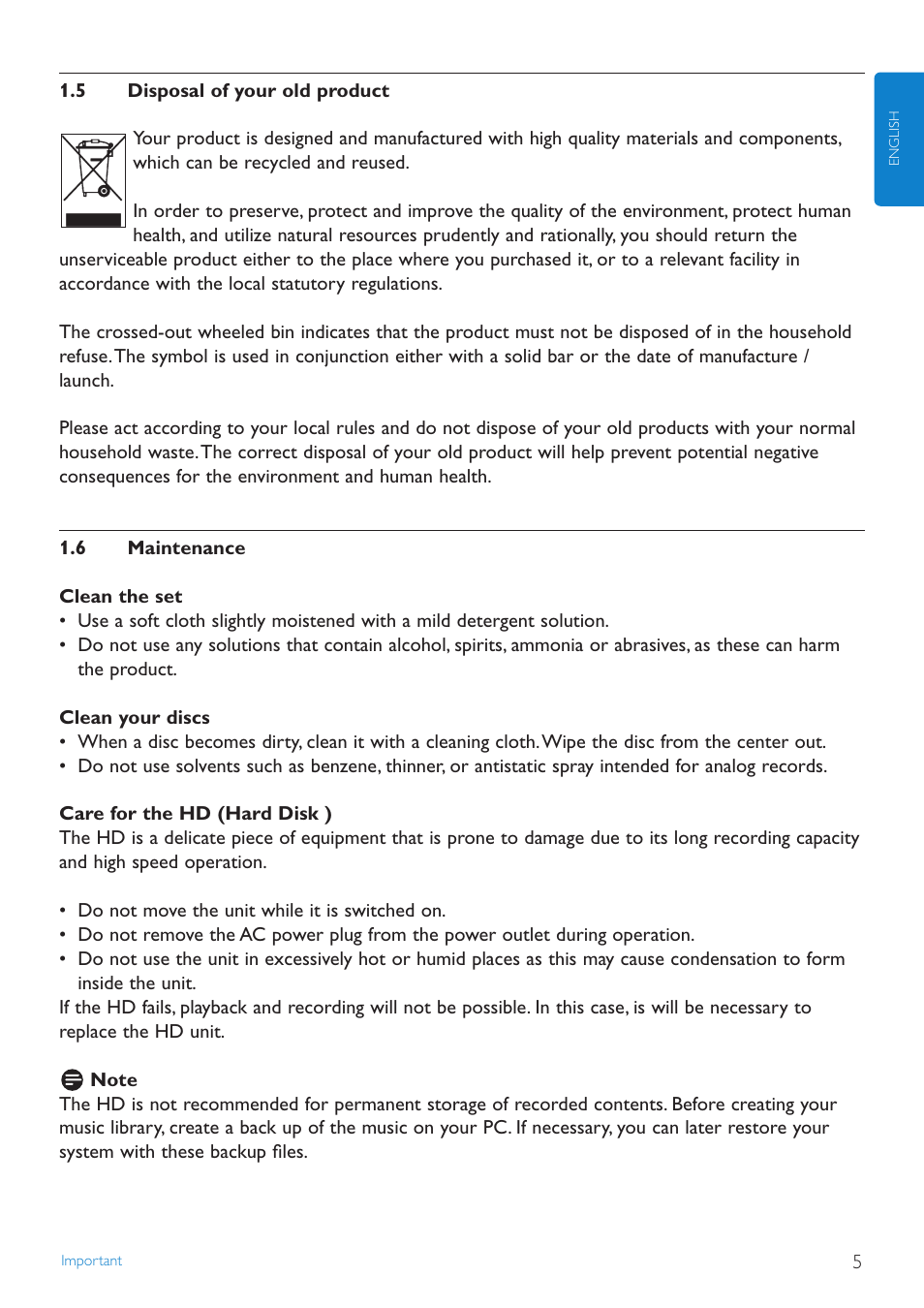 5 disposal of your old pro, 6 maintenance, Disposal of your old product | Maintenance | Philips WAS7500 User Manual | Page 9 / 121