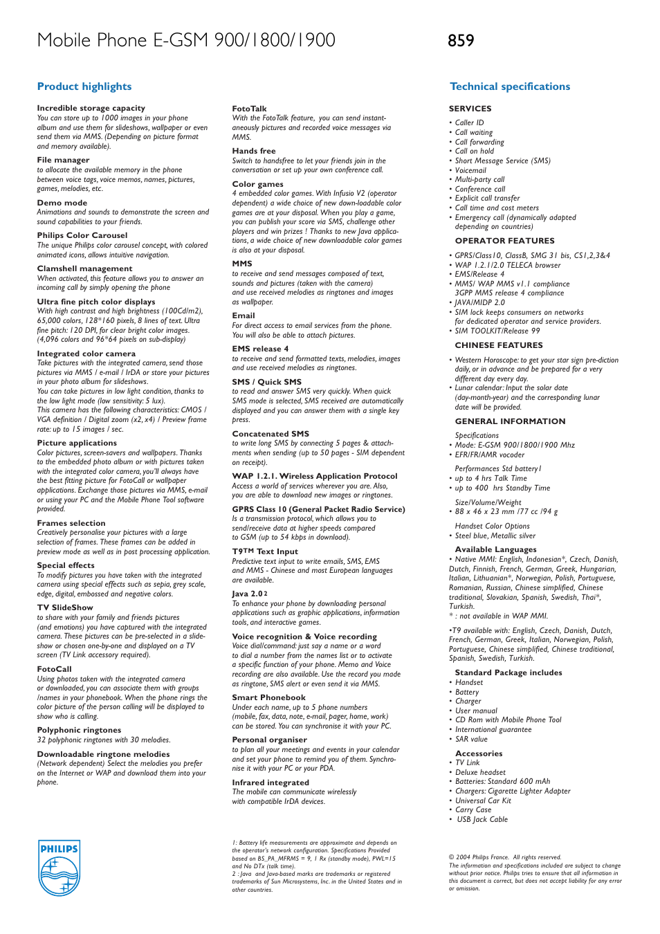 Technical specifications product highlights | Philips 859 User Manual | Page 2 / 2