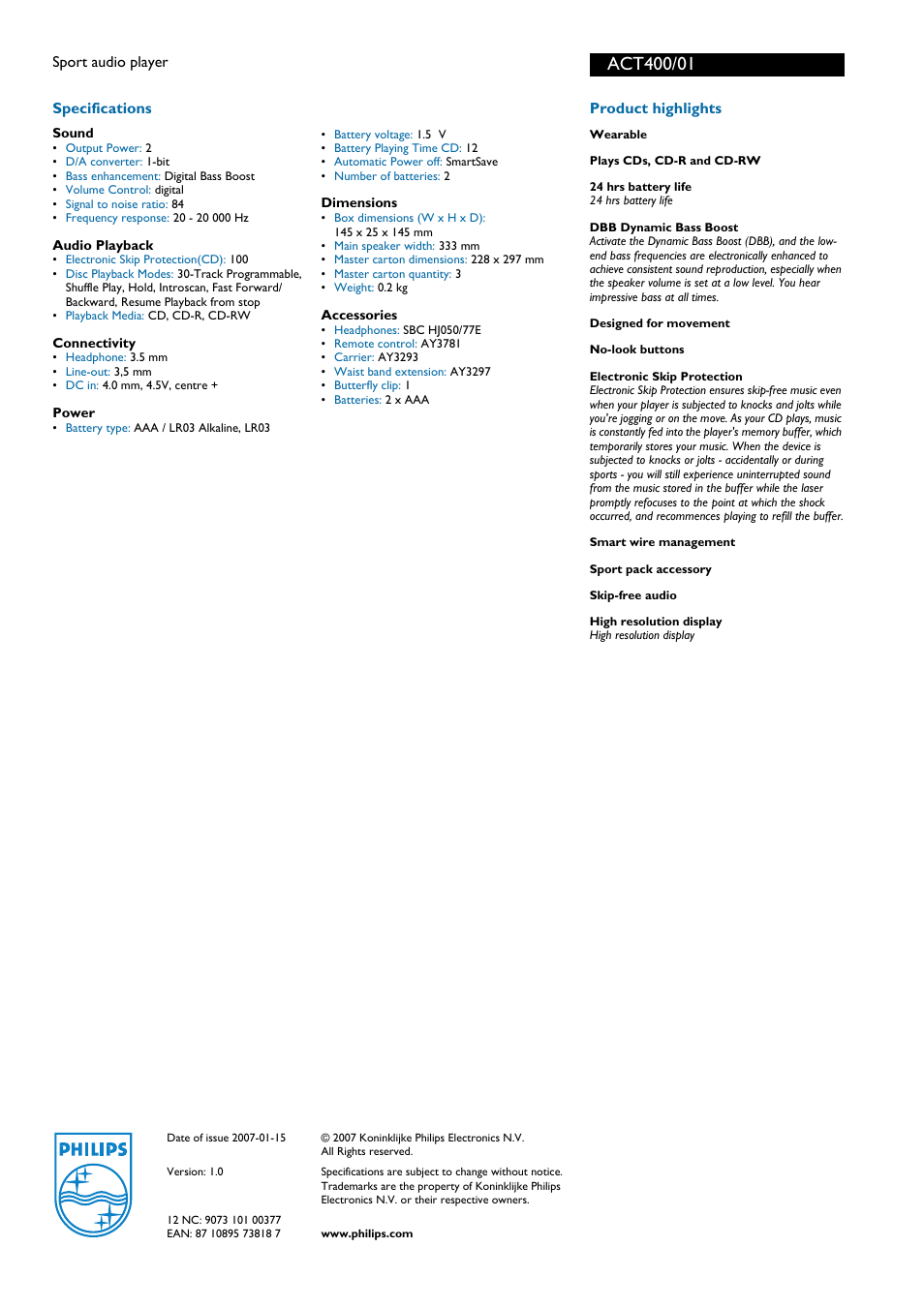 Philips ACT400/01 User Manual | Page 2 / 2