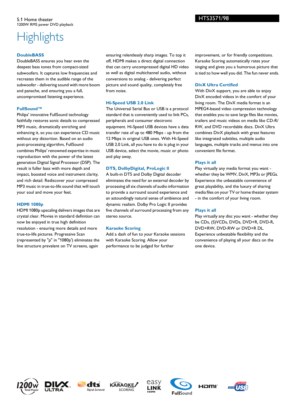 Highlights | Philips HTS3571/98 User Manual | Page 2 / 3