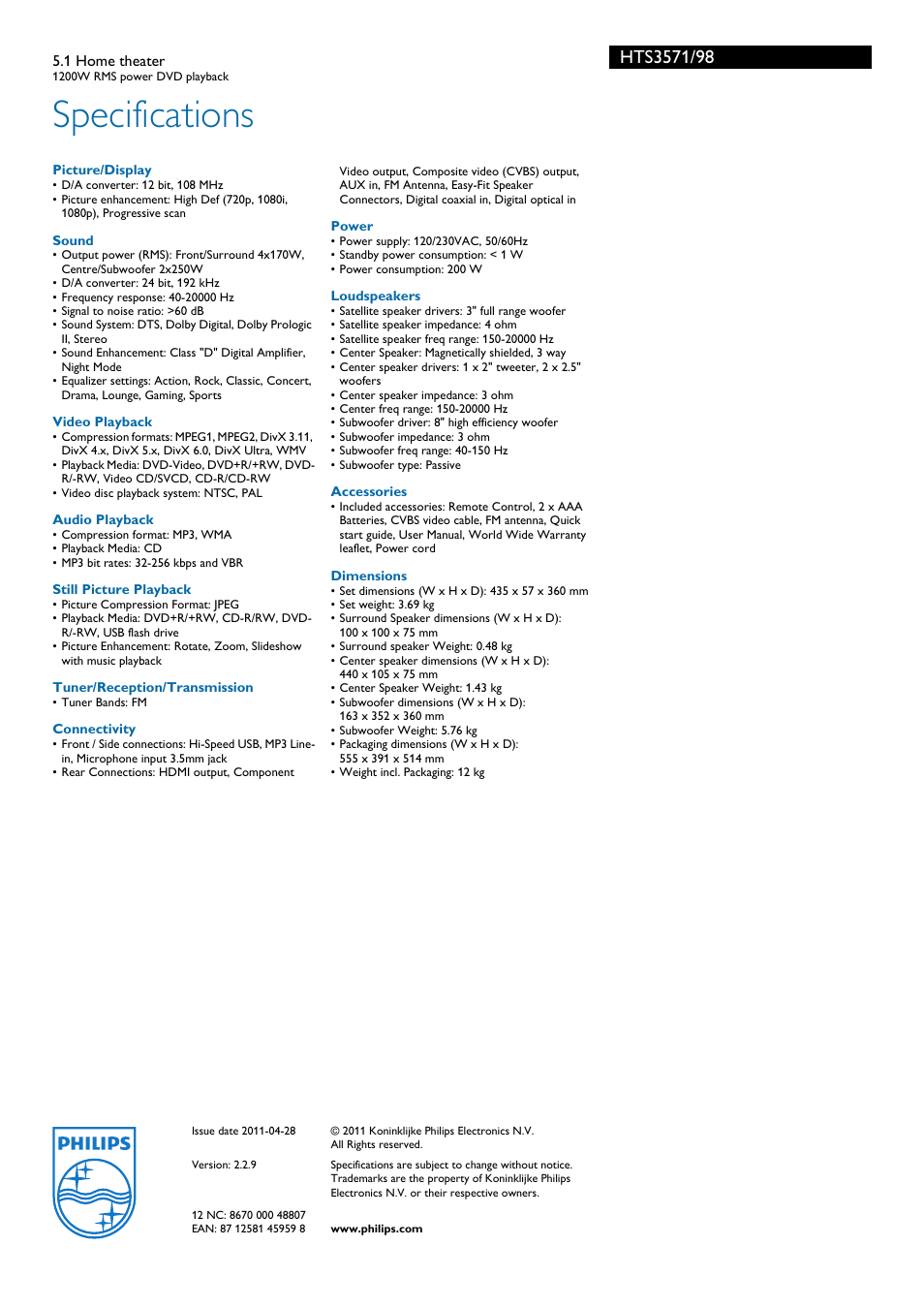 Specifications | Philips HTS3571/98 User Manual | Page 3 / 3