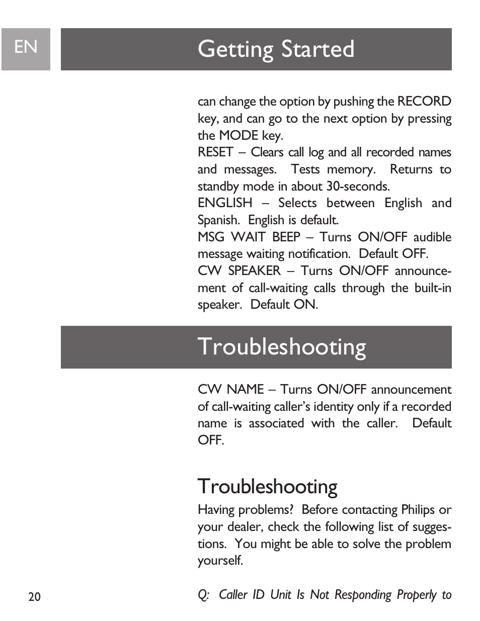 Getting started troubleshooting, Troubleshooting | Philips SJA9191/17 User Manual | Page 20 / 65