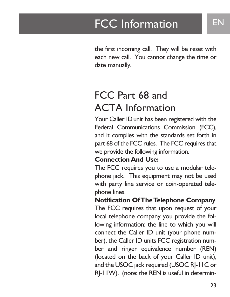 Fcc information, Fcc part 68 and acta information | Philips SJA9191/17 User Manual | Page 23 / 65