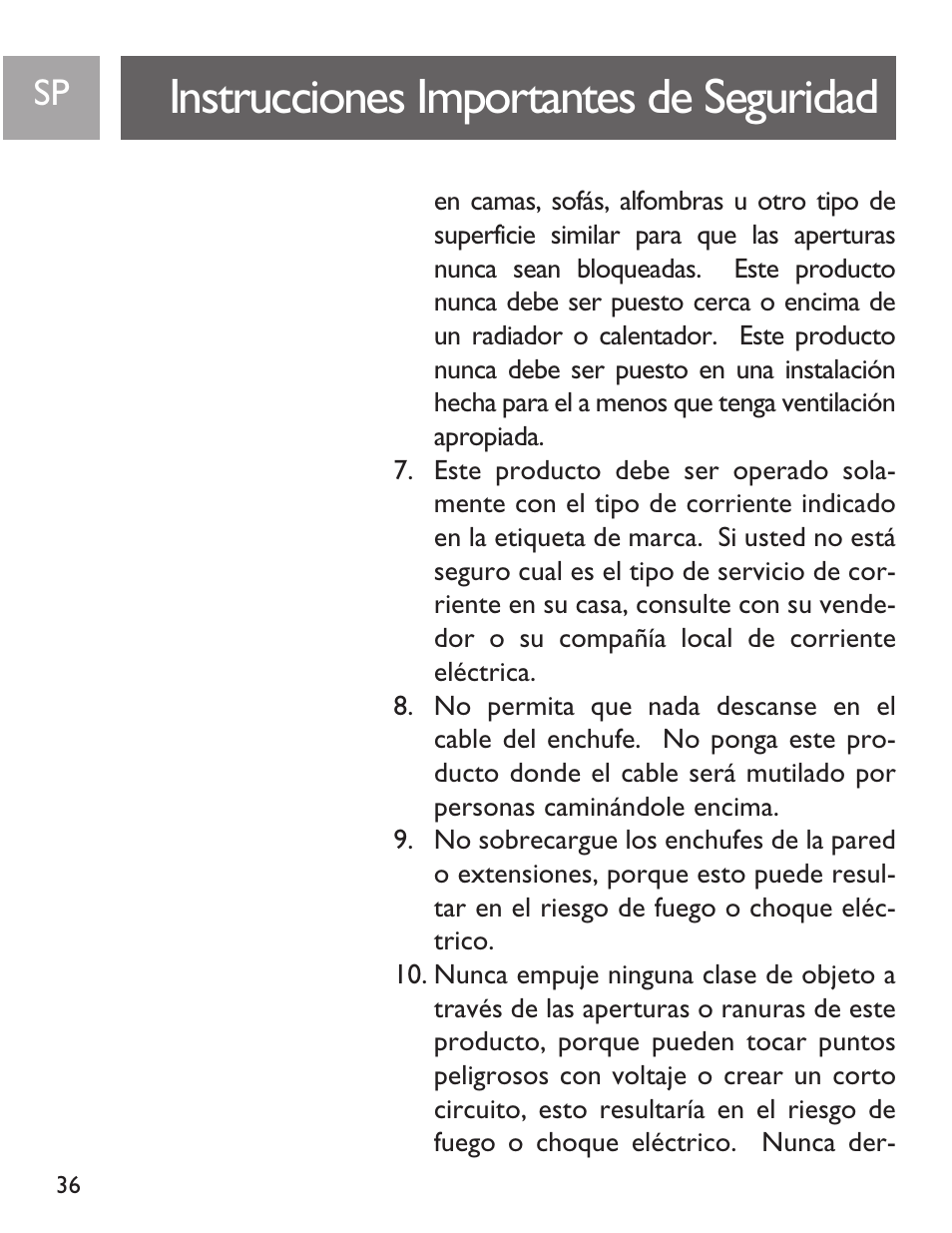 Instrucciones importantes de seguridad | Philips SJA9191/17 User Manual | Page 36 / 65