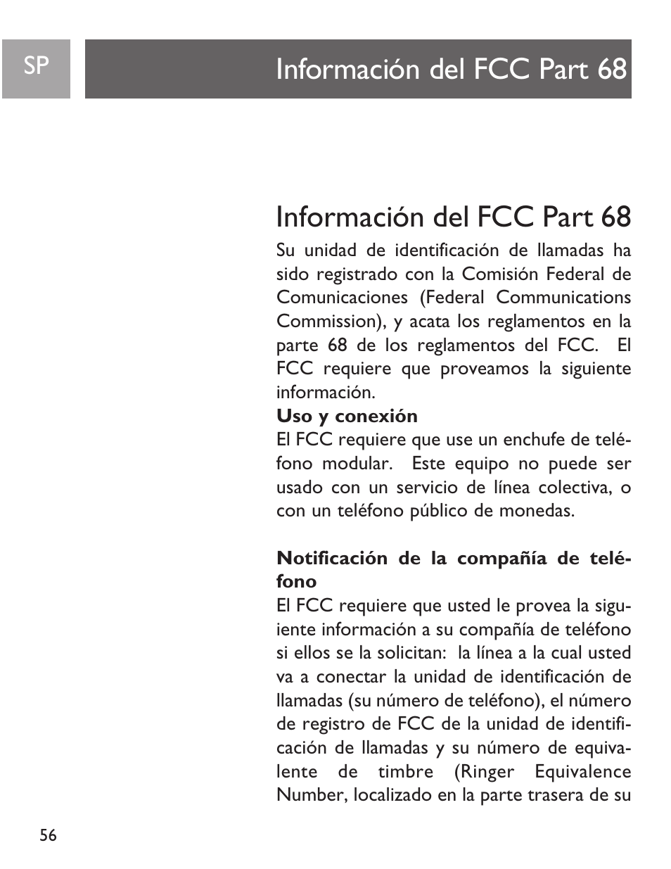 Información del fcc part 68 | Philips SJA9191/17 User Manual | Page 56 / 65
