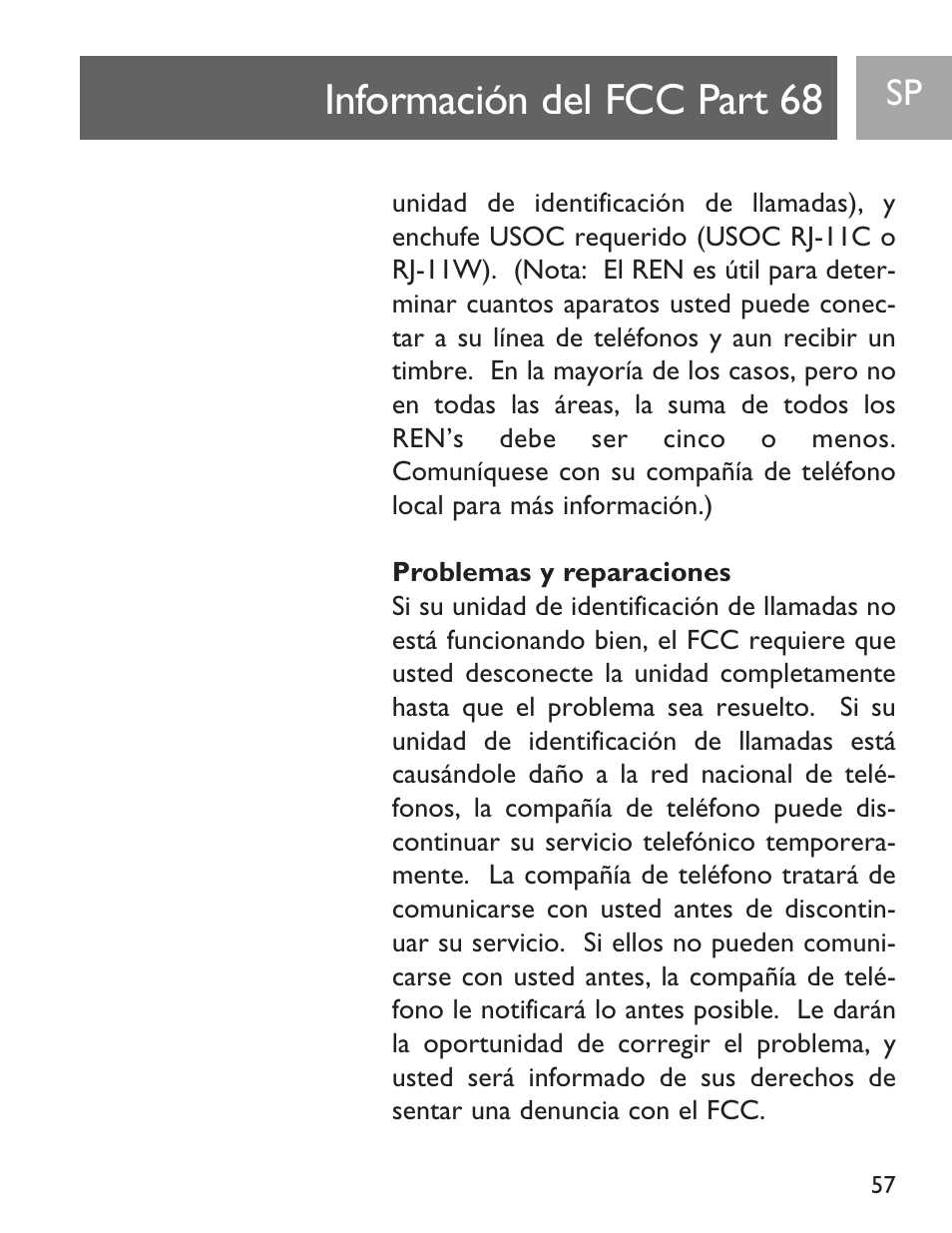 Información del fcc part 68 | Philips SJA9191/17 User Manual | Page 57 / 65