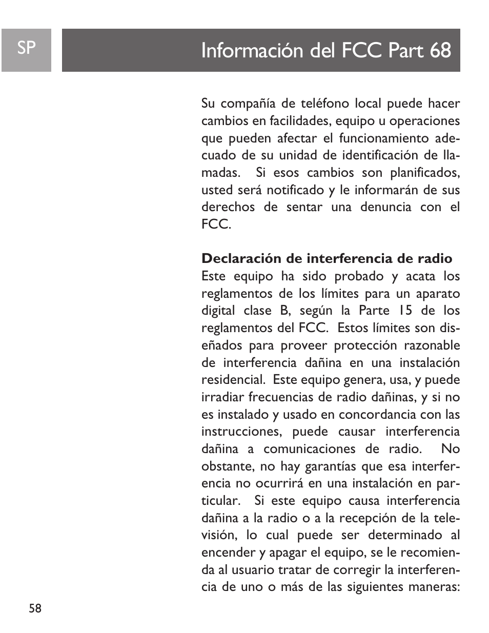 Información del fcc part 68 | Philips SJA9191/17 User Manual | Page 58 / 65