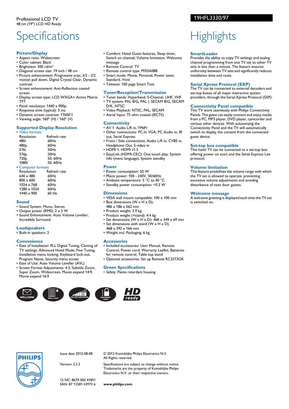 Specifications, Highlights | Philips 19HFL3330 User Manual | Page 2 / 2