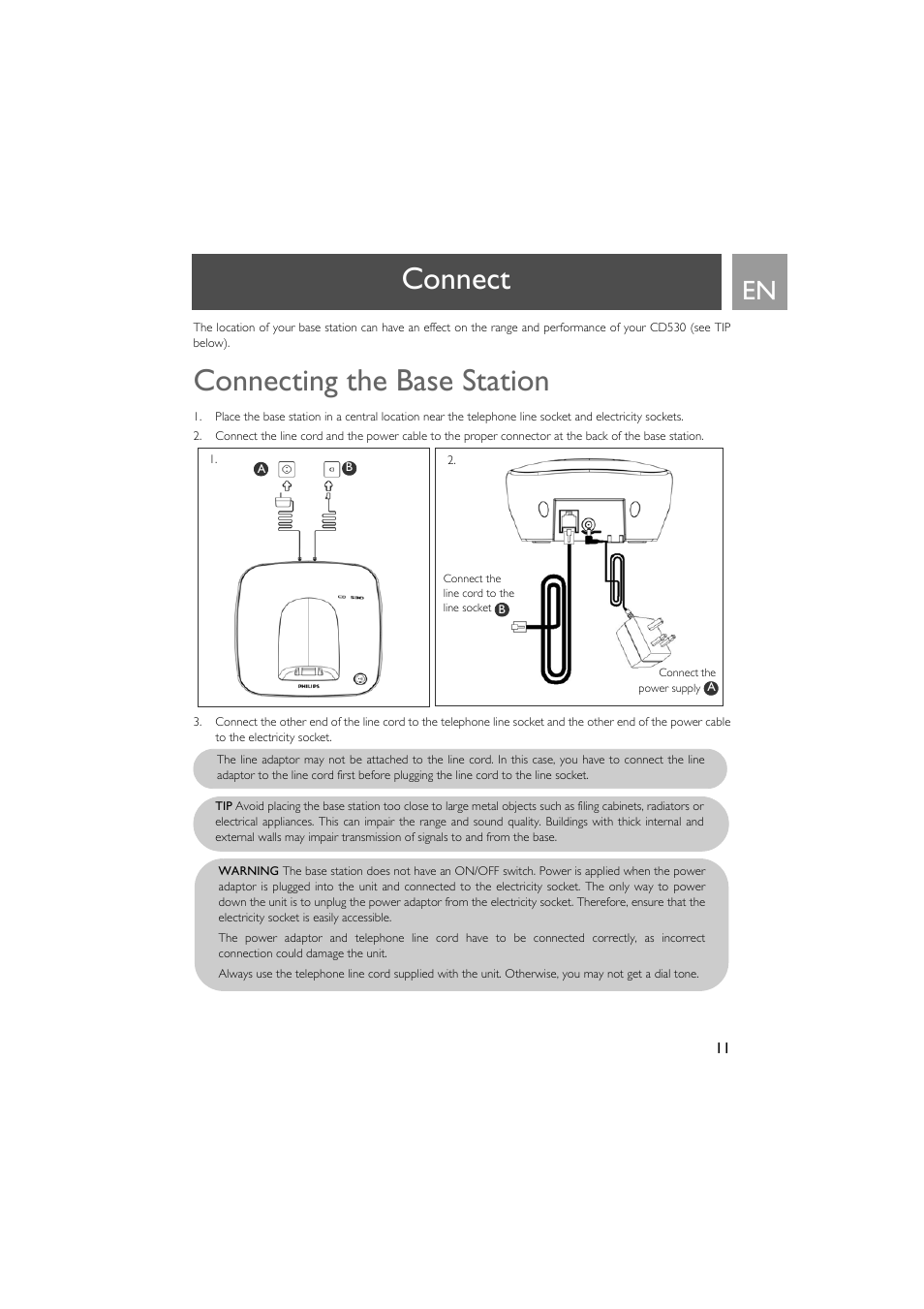 Connect, Connecting the base station | Philips VOX300 User Manual | Page 11 / 54