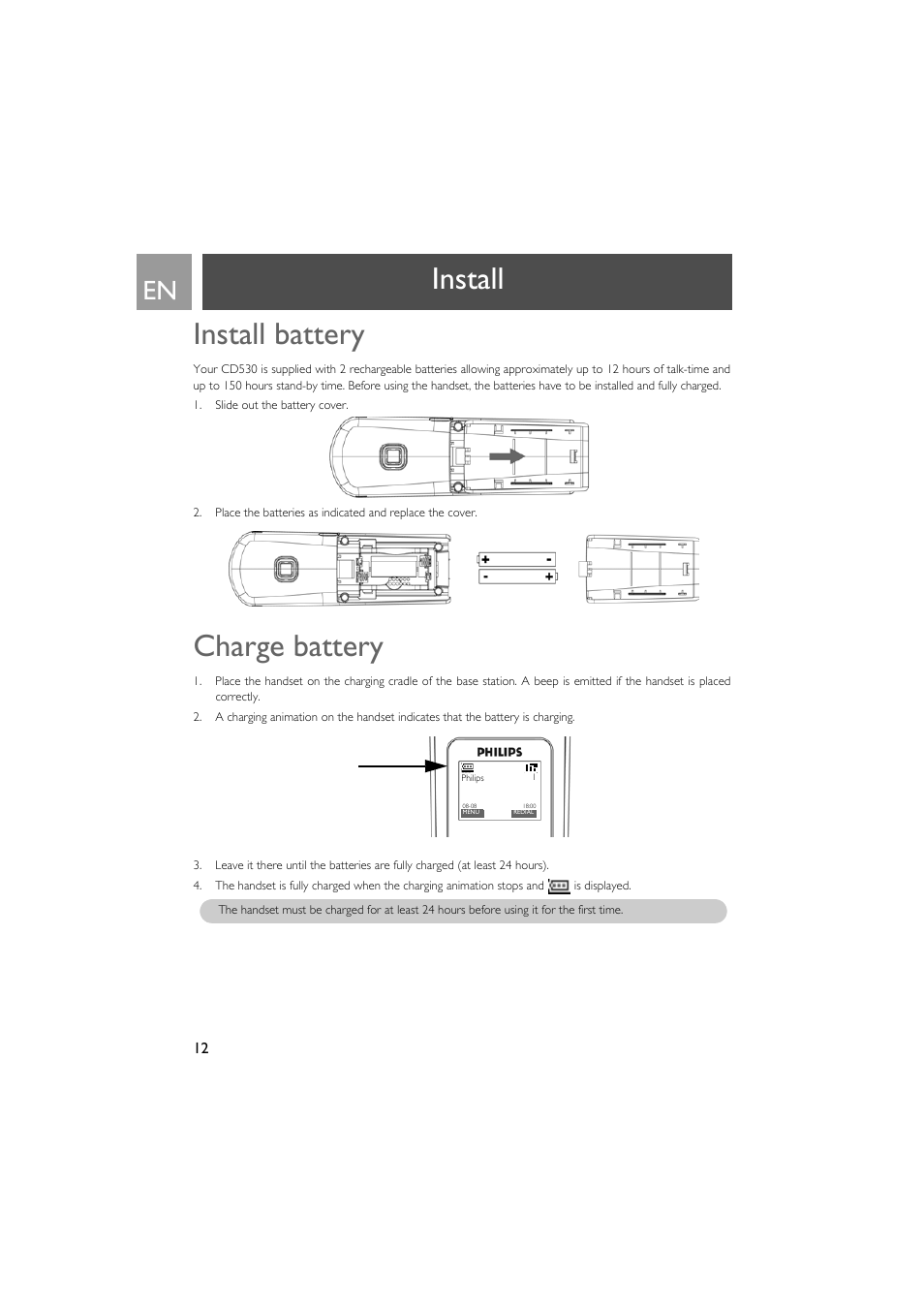 Install, Install battery, Charge battery | Install install battery | Philips VOX300 User Manual | Page 12 / 54