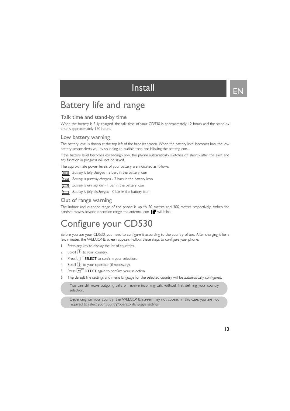 Battery life and range, Talk time and stand-by time, Low battery warning | Out of range warning, Configure your cd530, Install battery life and range | Philips VOX300 User Manual | Page 13 / 54