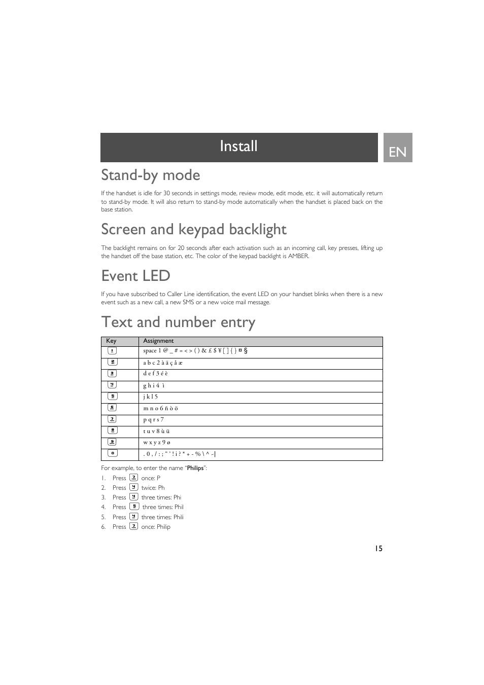 Stand-by mode, Screen and keypad backlight, Event led | Text and number entry, Install stand-by mode | Philips VOX300 User Manual | Page 15 / 54