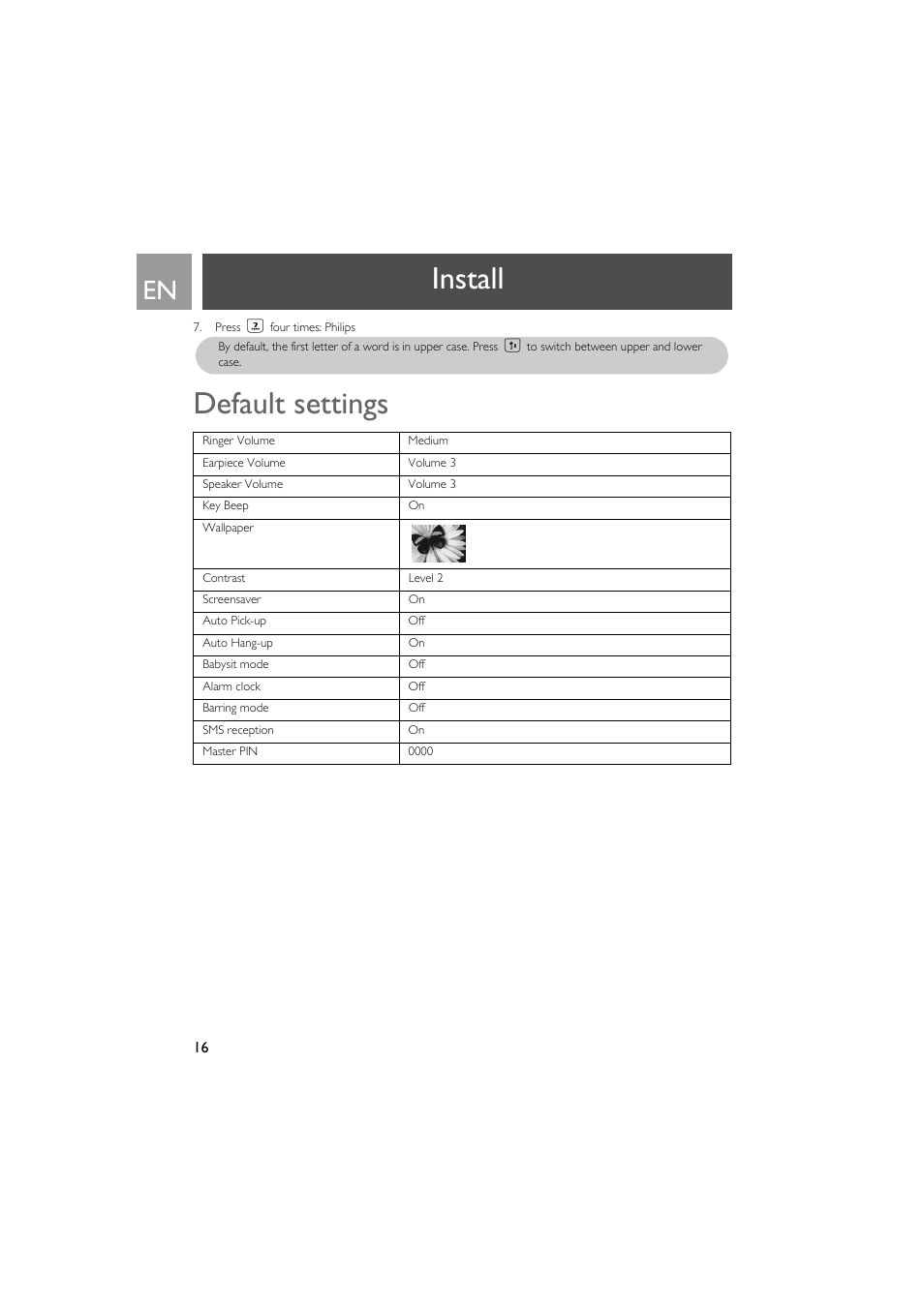Default settings, Install | Philips VOX300 User Manual | Page 16 / 54