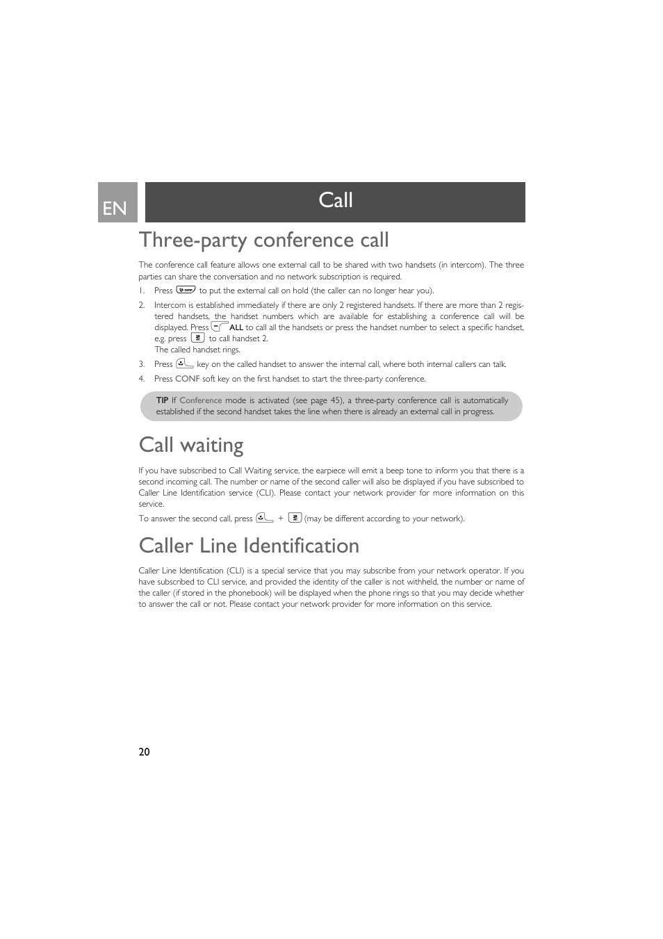 Three-party conference call, Call waiting, Caller line identification | Call three-party conference call | Philips VOX300 User Manual | Page 20 / 54