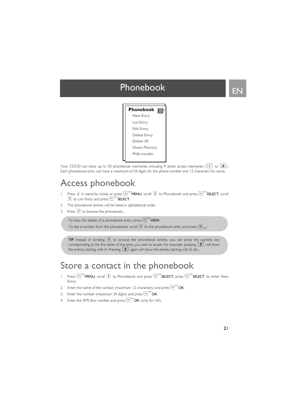 Phonebook, Access phonebook, Store a contact in the phonebook | Philips VOX300 User Manual | Page 21 / 54