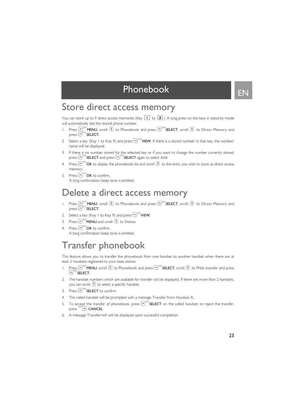 Store direct access memory, Delete a direct access memory, Transfer phonebook | Philips VOX300 User Manual | Page 23 / 54