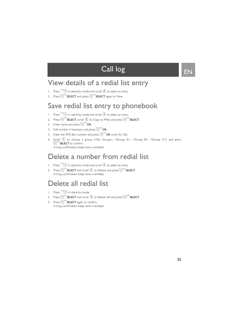 View details of a redial list entry, Save redial list entry to phonebook, Delete a number from redial list | Delete all redial list, Call log view details of a redial list entry | Philips VOX300 User Manual | Page 25 / 54