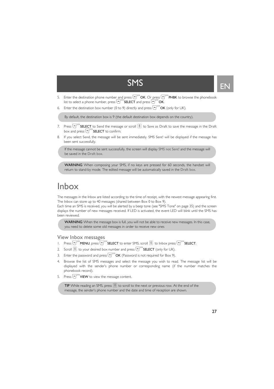 Inbox, View inbox messages | Philips VOX300 User Manual | Page 27 / 54