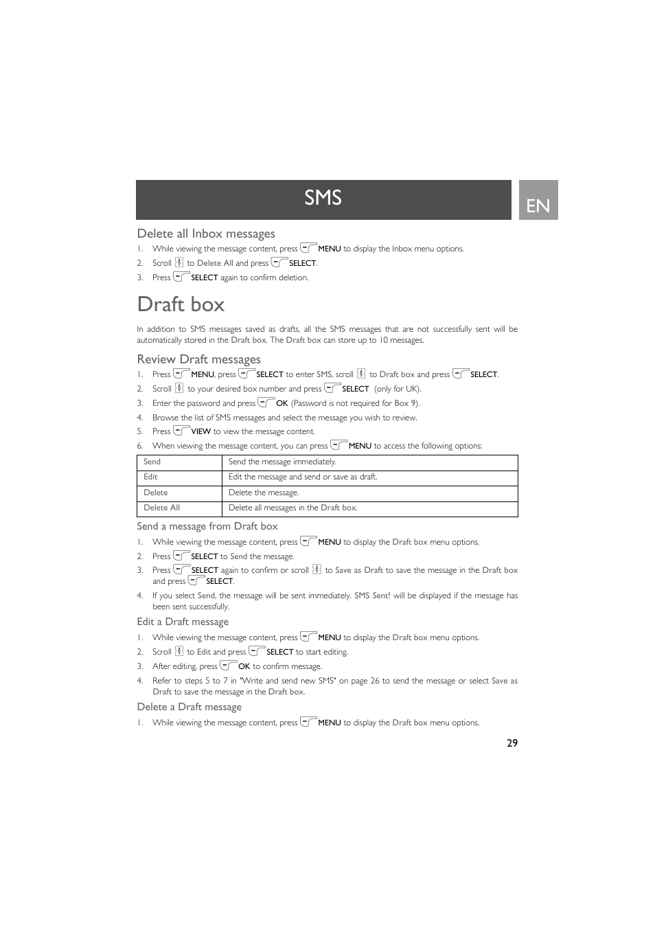 Delete all inbox messages, Draft box, Review draft messages | Philips VOX300 User Manual | Page 29 / 54