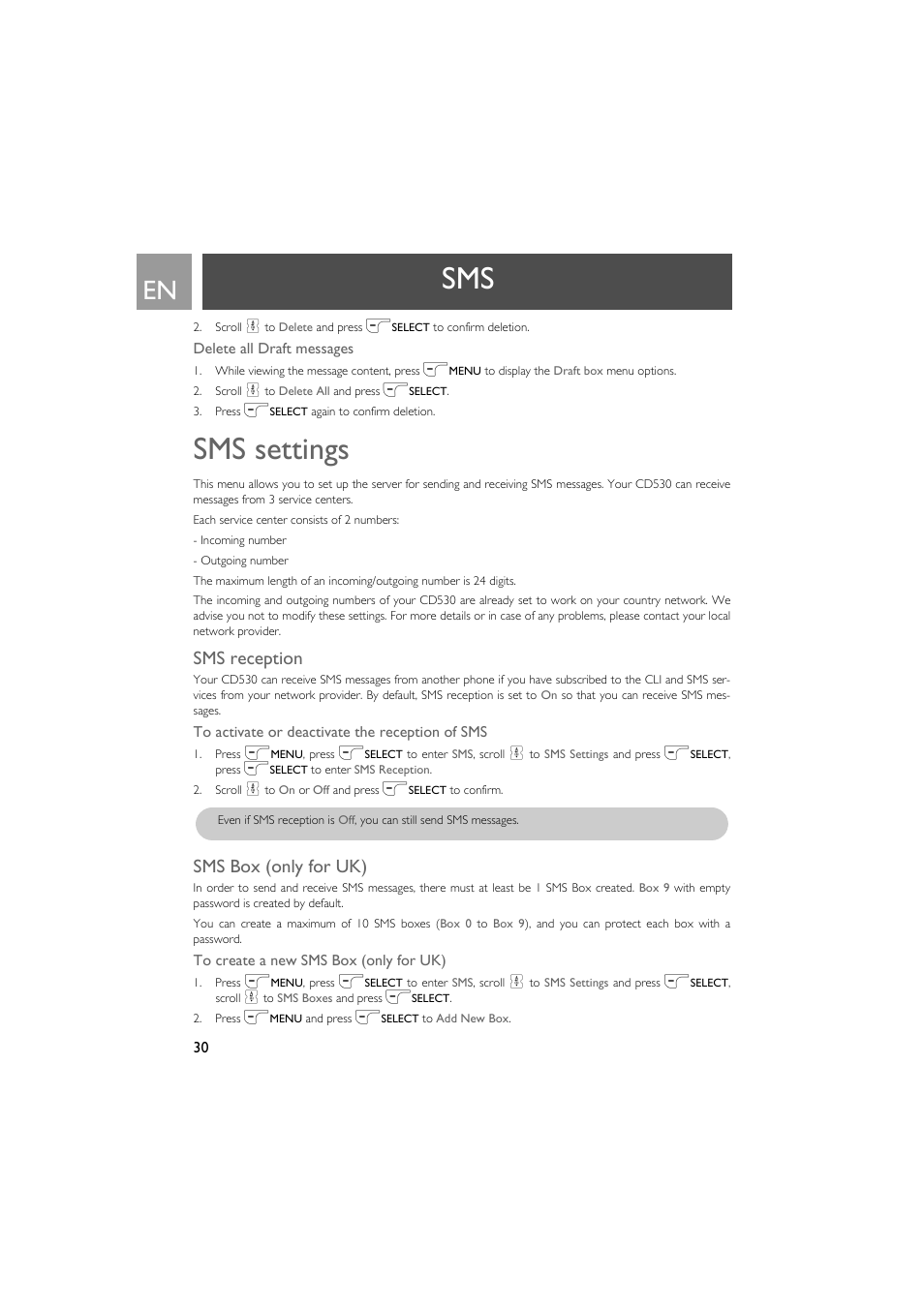 Sms settings, Sms reception, Sms box (only for uk) | Philips VOX300 User Manual | Page 30 / 54