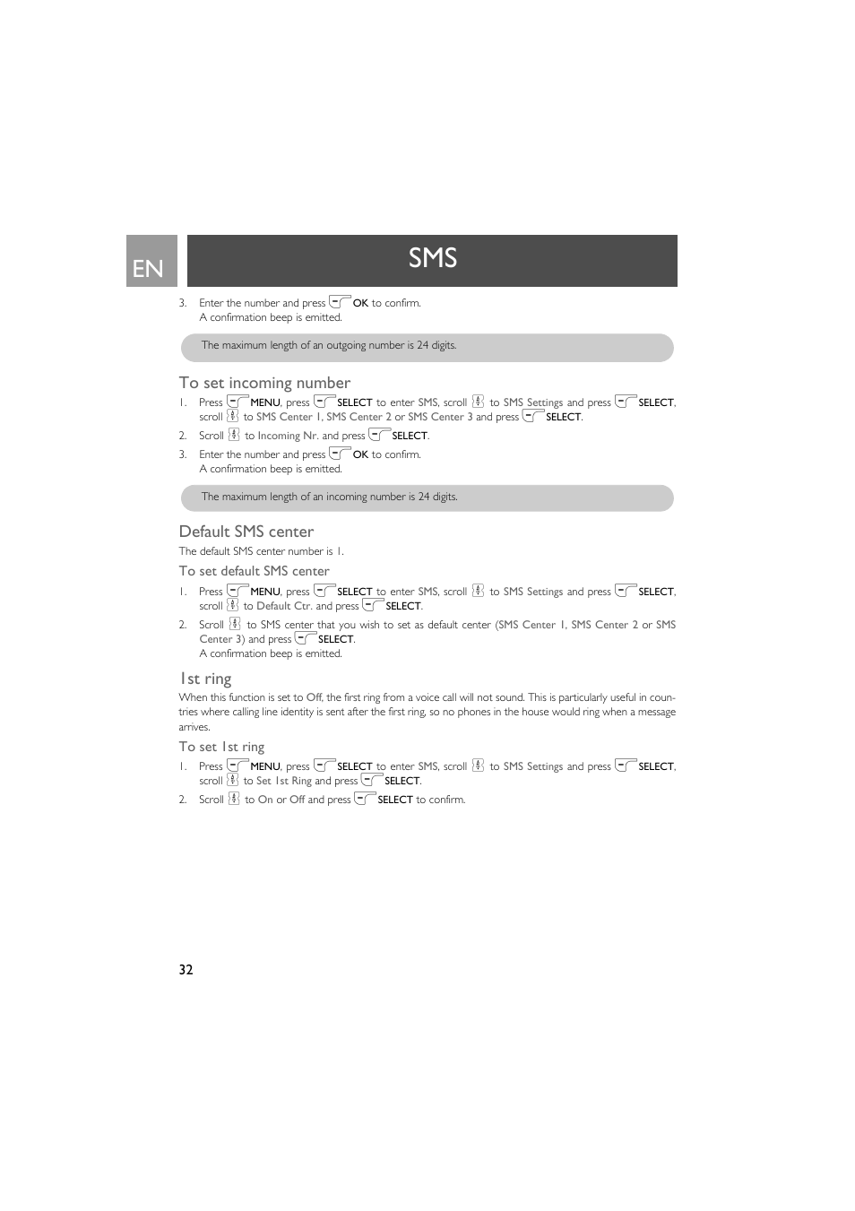 To set incoming number, Default sms center, 1st ring | Philips VOX300 User Manual | Page 32 / 54