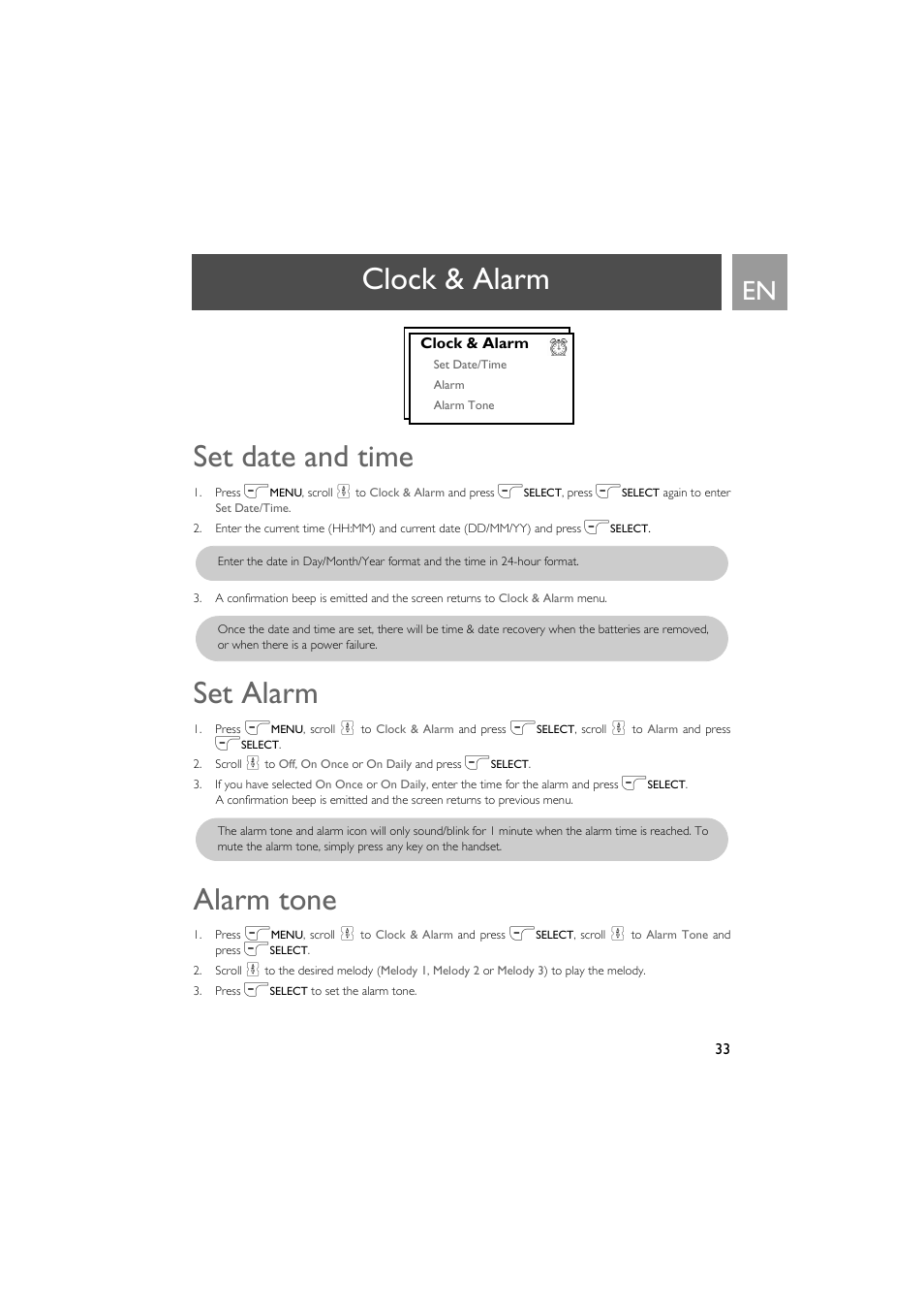 Clock & alarm, Set date and time, Set alarm | Alarm tone, Clock & alarm set date and time | Philips VOX300 User Manual | Page 33 / 54