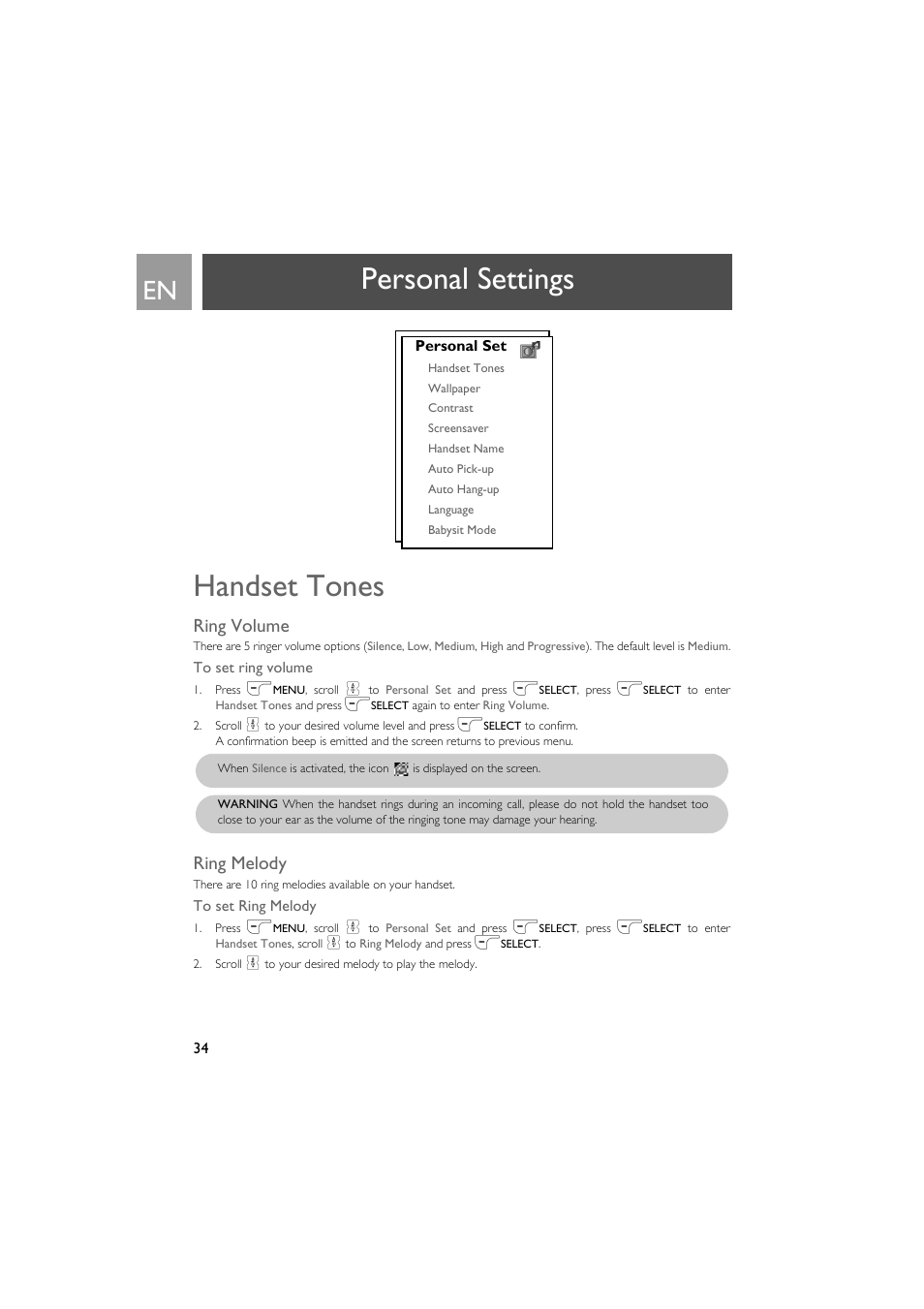 Personal settings, Handset tones, Ring volume | Ring melody, Personal settings handset tones | Philips VOX300 User Manual | Page 34 / 54