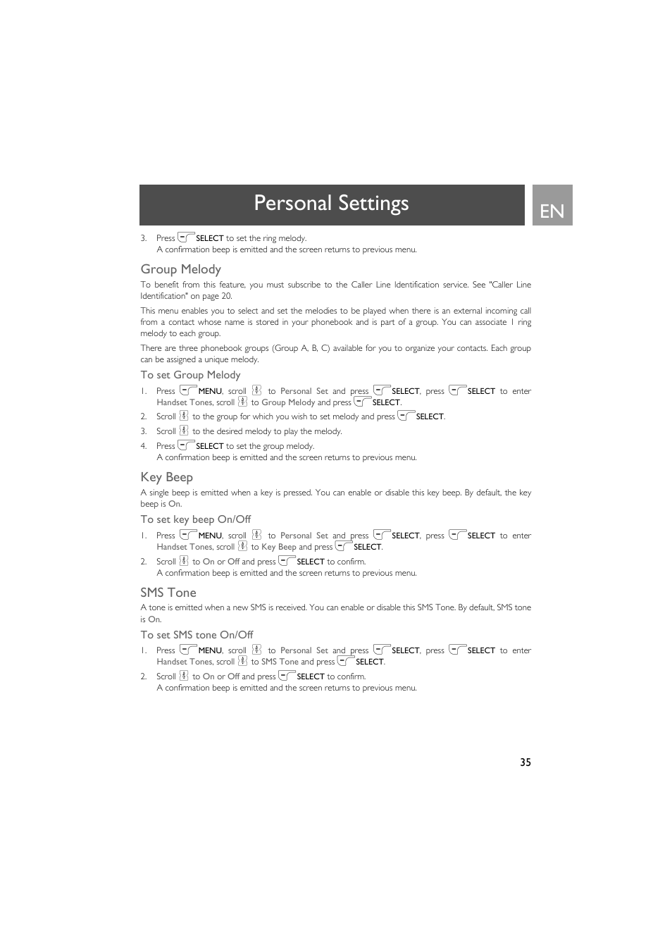 Group melody, Key beep, Sms tone | Personal settings | Philips VOX300 User Manual | Page 35 / 54