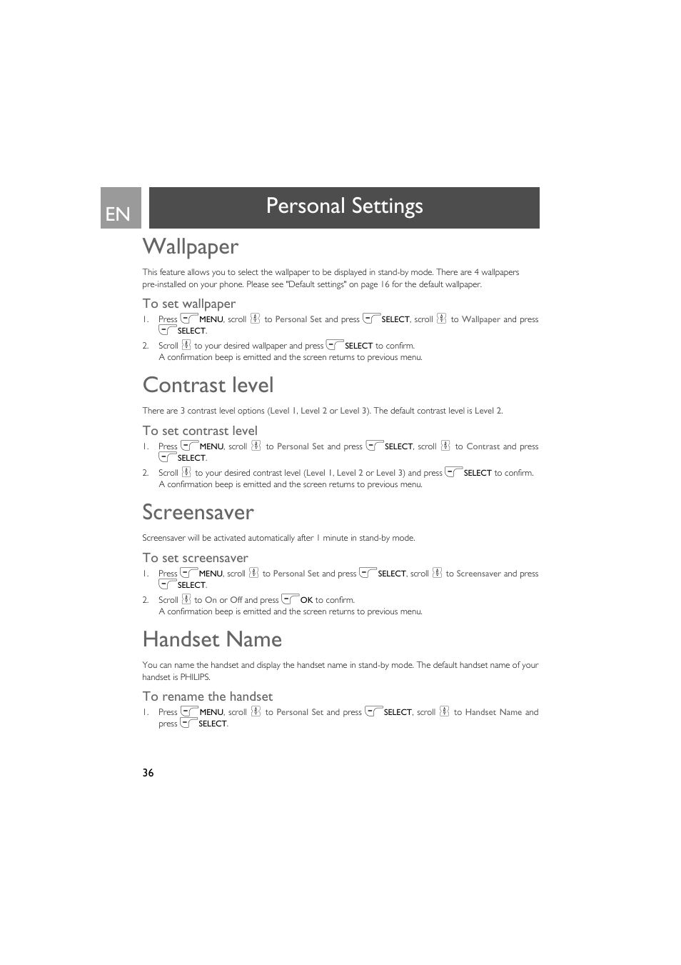 Wallpaper, To set wallpaper, Contrast level | To set contrast level, Screensaver, To set screensaver, Handset name, To rename the handset, Personal settings wallpaper | Philips VOX300 User Manual | Page 36 / 54