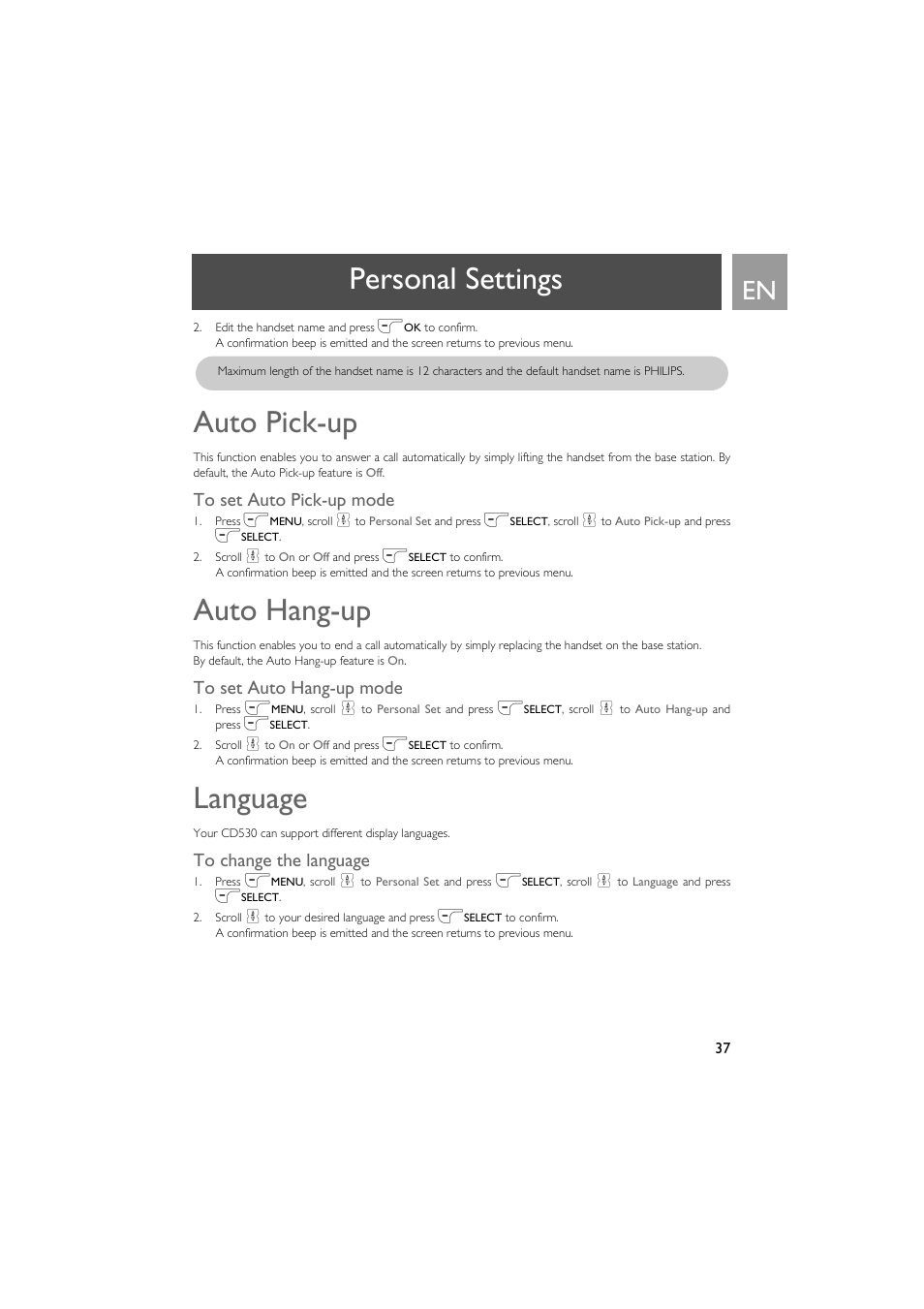 Auto pick-up, To set auto pick-up mode, Auto hang-up | To set auto hang-up mode, Language, To change the language, Personal settings | Philips VOX300 User Manual | Page 37 / 54