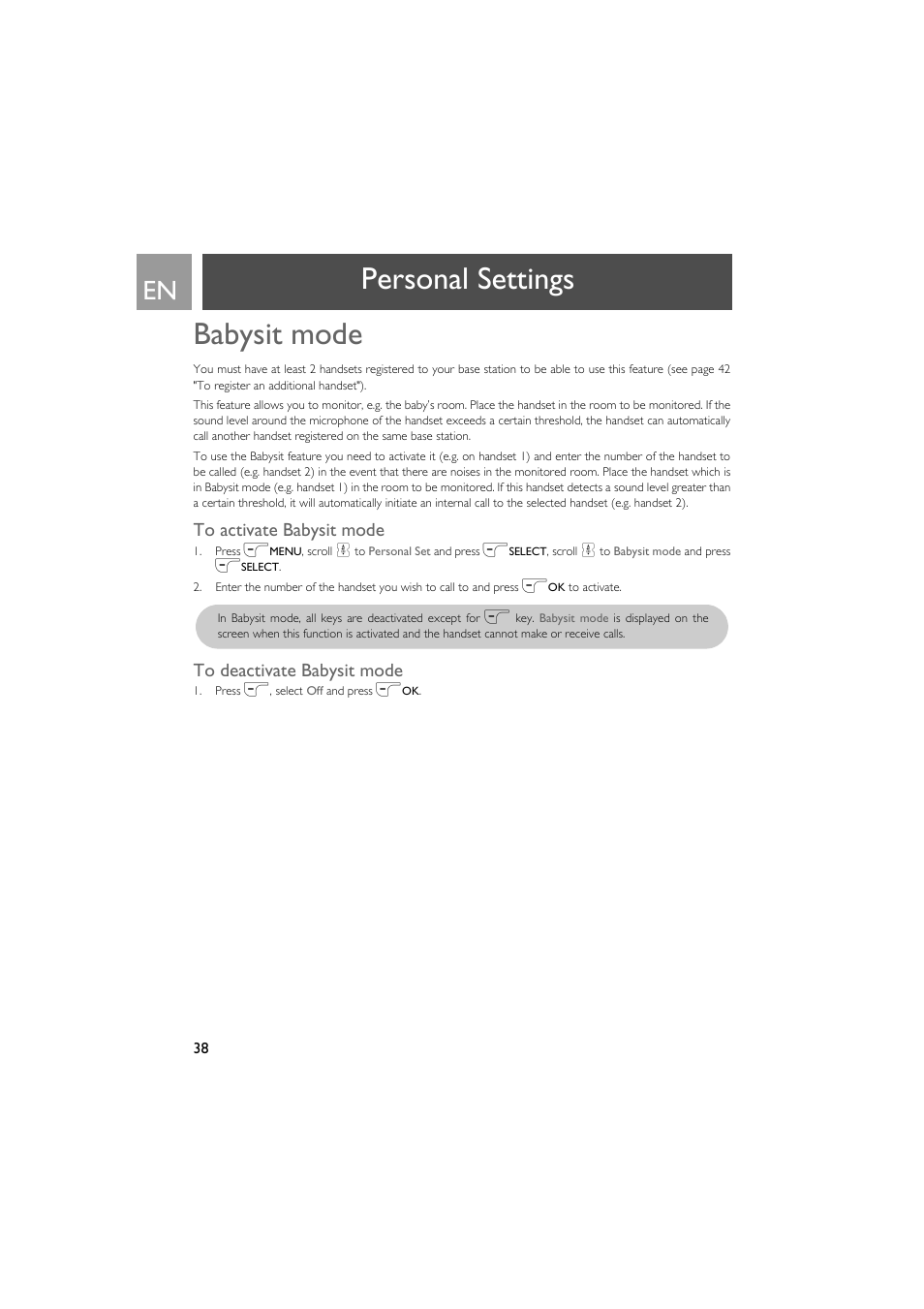 Babysit mode, To activate babysit mode, To deactivate babysit mode | Personal settings babysit mode | Philips VOX300 User Manual | Page 38 / 54