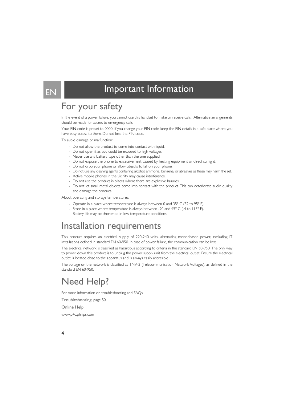 Important information, For your safety, Installation requirements | Need help, Important information for your safety | Philips VOX300 User Manual | Page 4 / 54