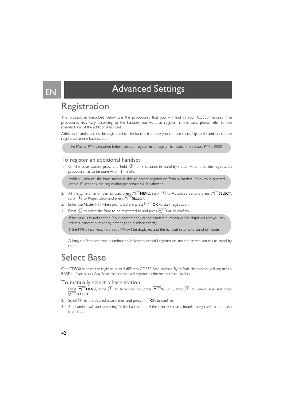 Registration, To register an additional handset, Select base | To manually select a base station, Advanced settings registration | Philips VOX300 User Manual | Page 42 / 54
