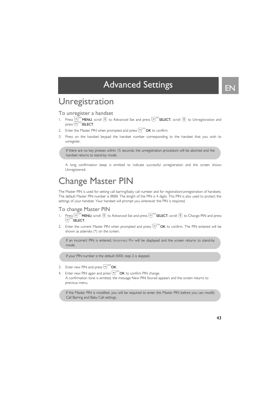 Unregistration, To unregister a handset, Change master pin | To change master pin, Advanced settings unregistration | Philips VOX300 User Manual | Page 43 / 54