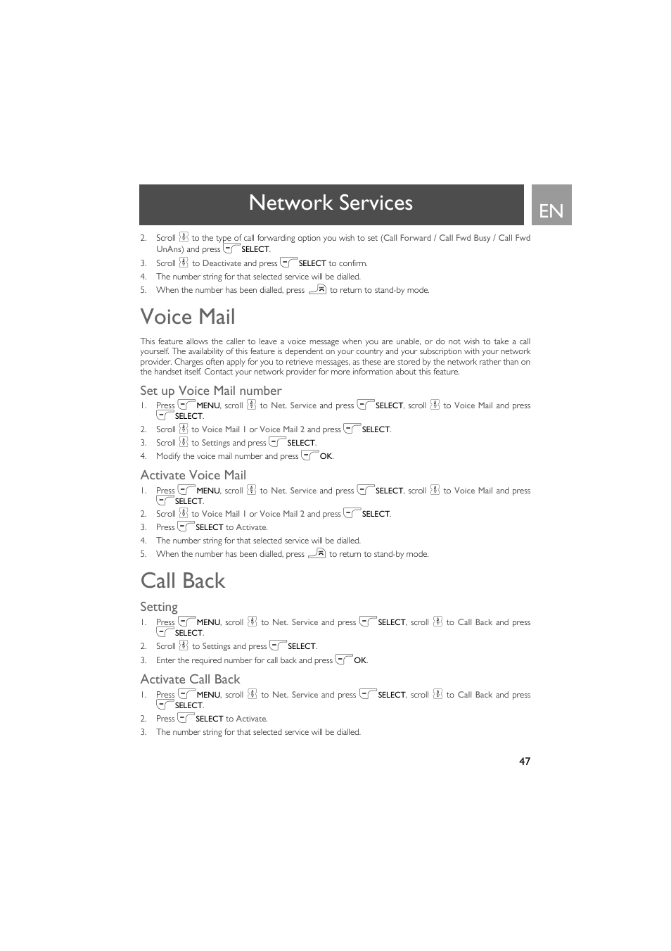 Voice mail, Set up voice mail number, Activate voice mail | Call back, Setting, Activate call back, Network services | Philips VOX300 User Manual | Page 47 / 54