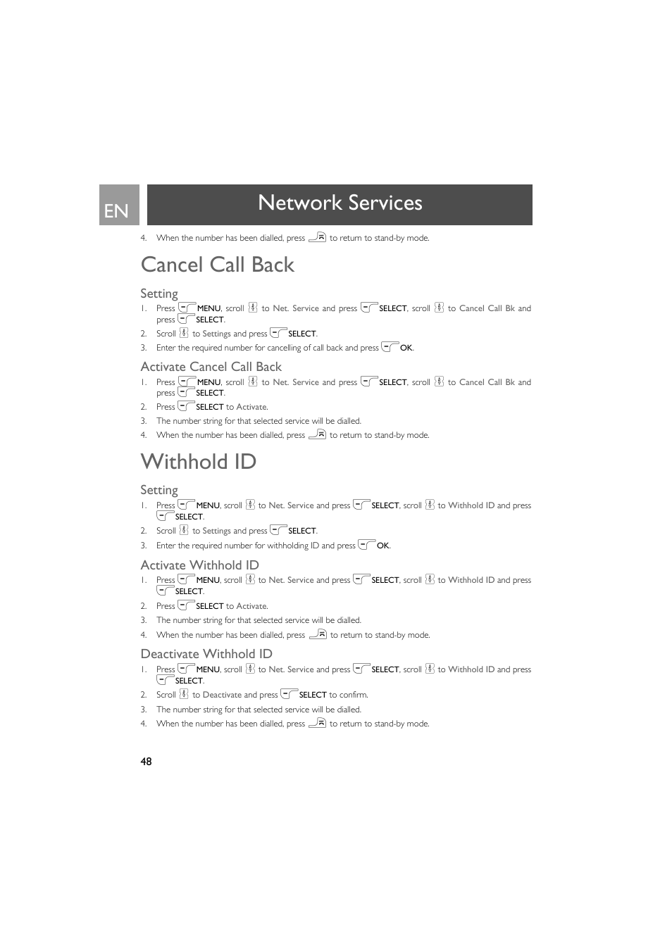 Cancel call back, Setting, Activate cancel call back | Withhold id, Activate withhold id, Deactivate withhold id, Network services | Philips VOX300 User Manual | Page 48 / 54