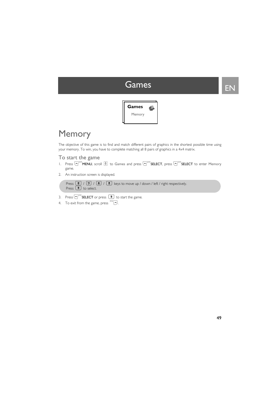 Games, Memory, To start the game | Philips VOX300 User Manual | Page 49 / 54