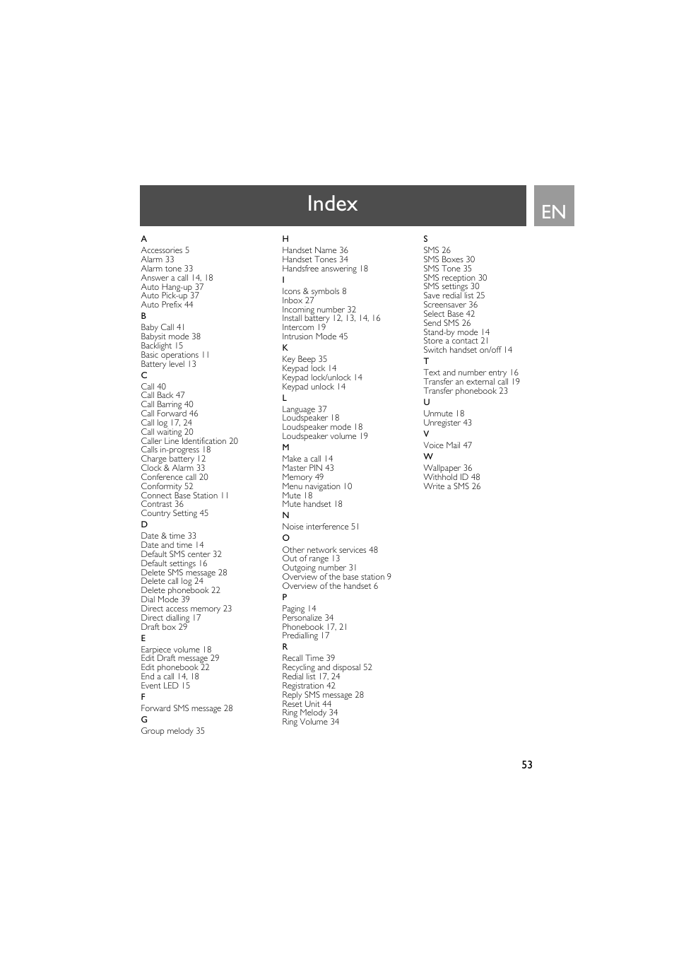 Index | Philips VOX300 User Manual | Page 53 / 54