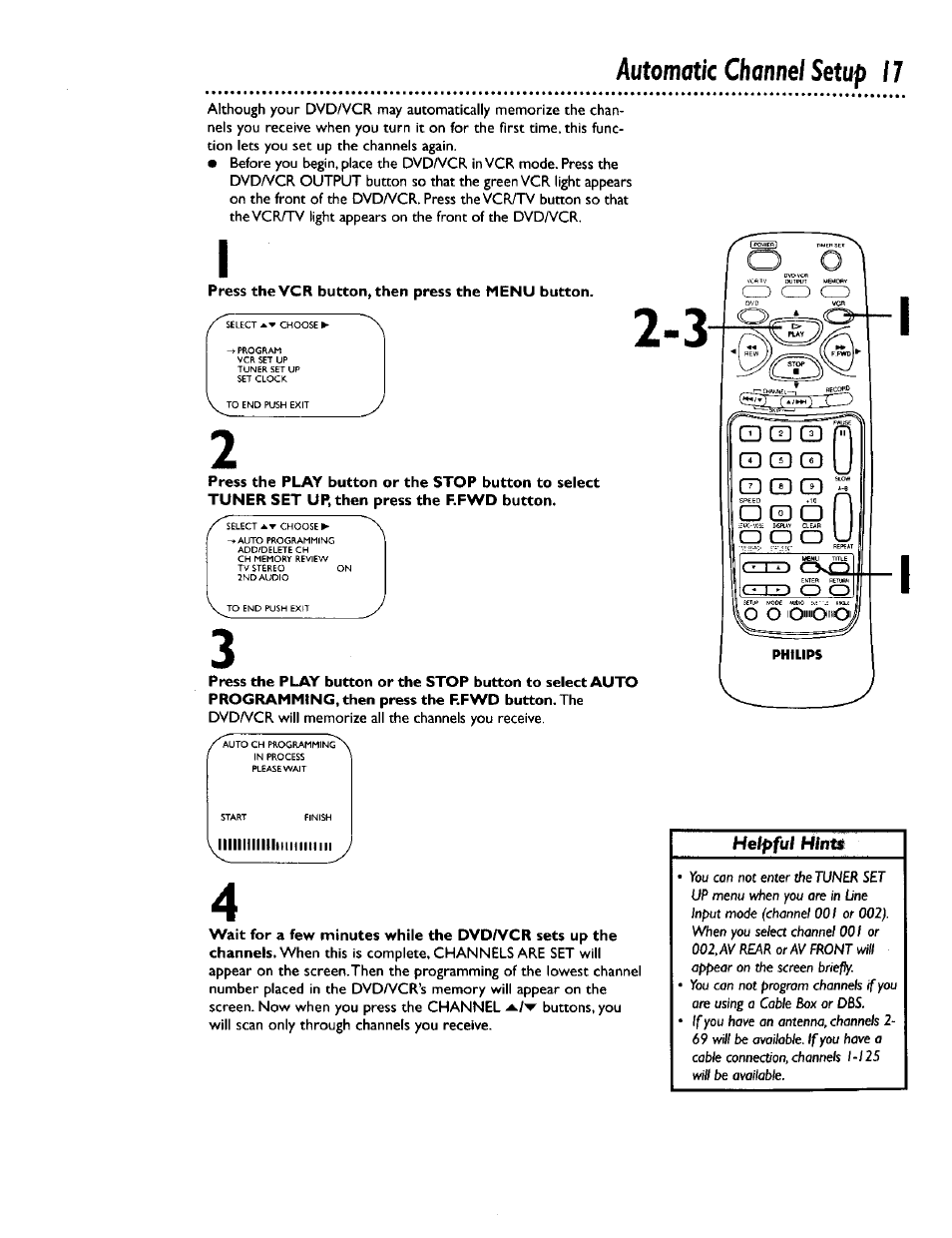 Press the vcr button^ then press the menu button, Automatic channel setup 17 | Philips DV900VHS0I User Manual | Page 17 / 84