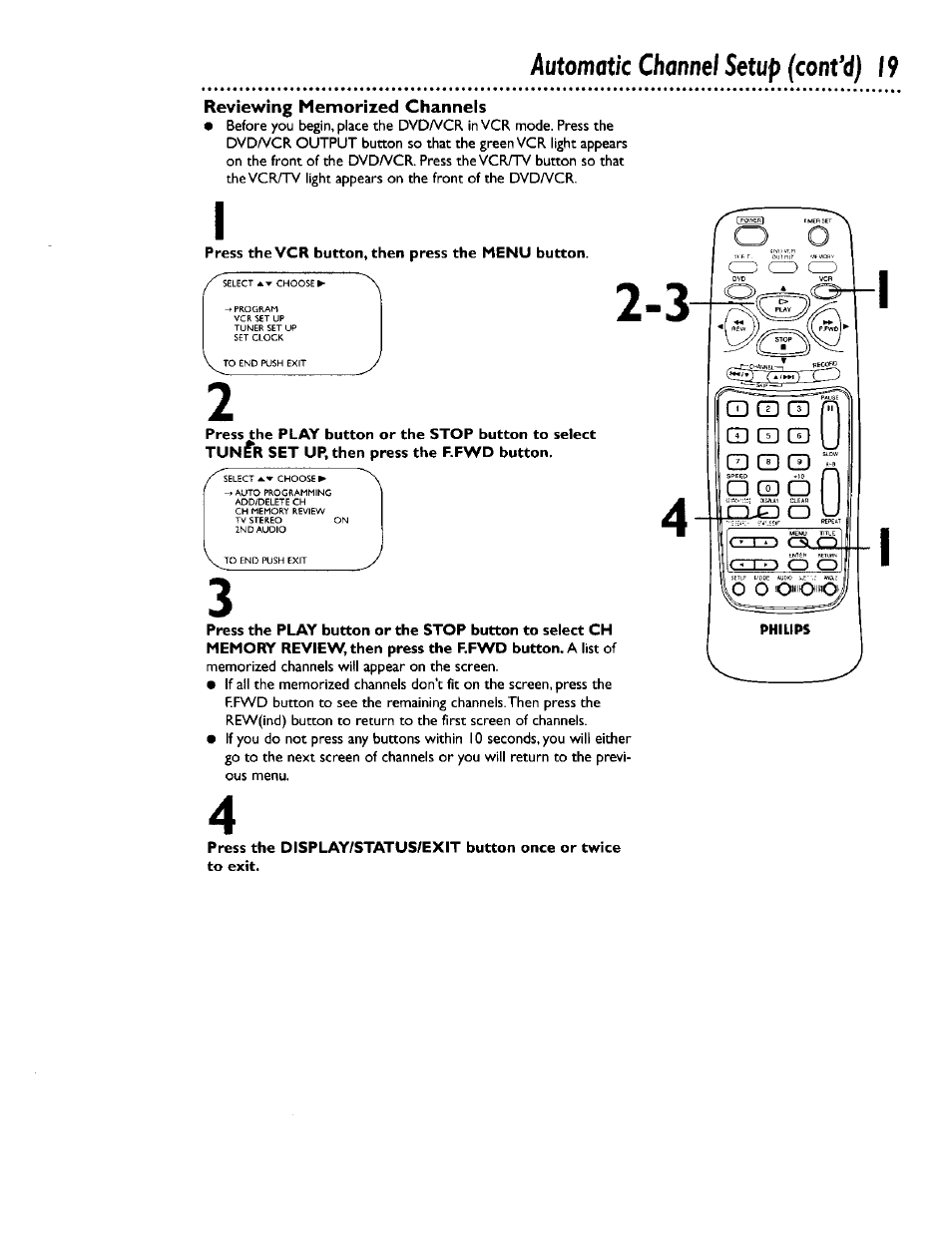 Press the vcr button, then press the menu button | Philips DV900VHS0I User Manual | Page 19 / 84