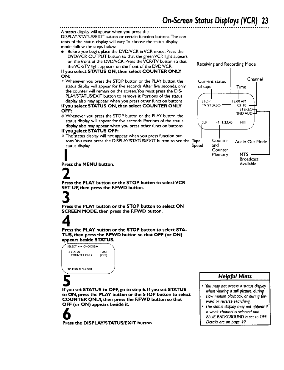 Displays, On-screen stotus, Vcr) 23 | Philips DV900VHS0I User Manual | Page 23 / 84